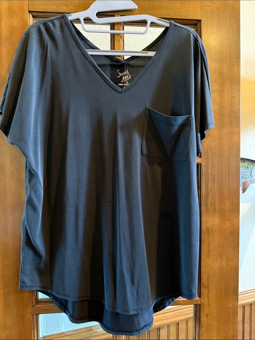 Pink Rose Black V-Neck Short Sleeve Pocket Tee